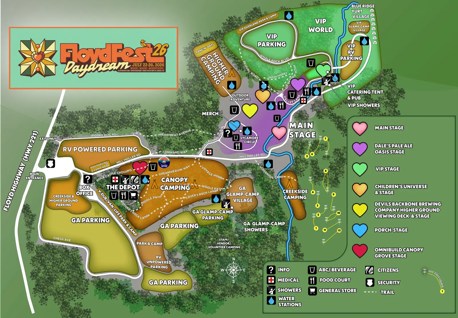 The FloydFest site map used by FloydQuest, with every checkpoint and stage marked